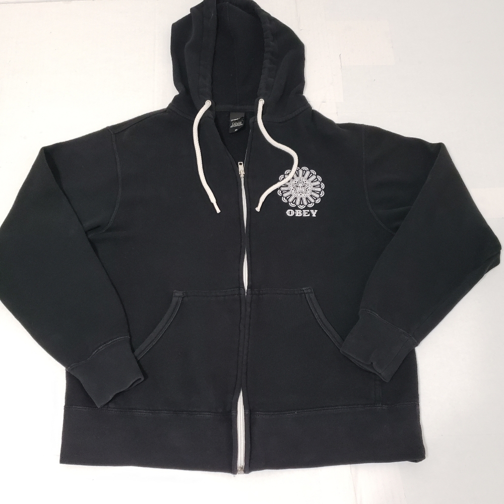 Obey Black Zip-Up Hoodie Kids Medium 100% Cotton